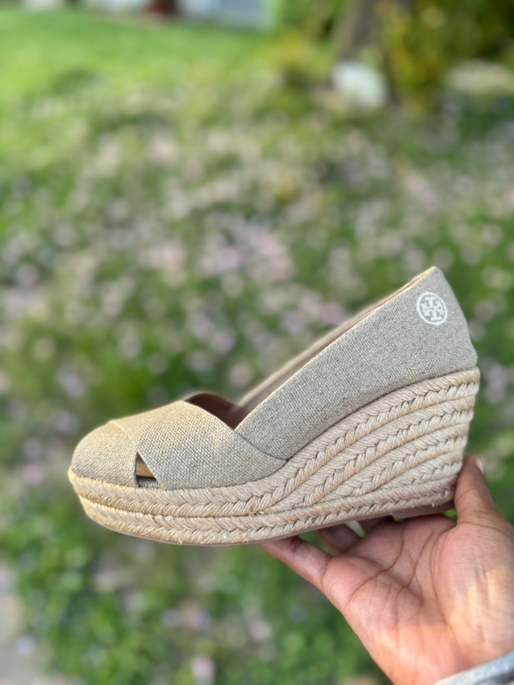 Tory Burch Natural/Shimmery tan Canvas Espadrille Peep toe Wedge.